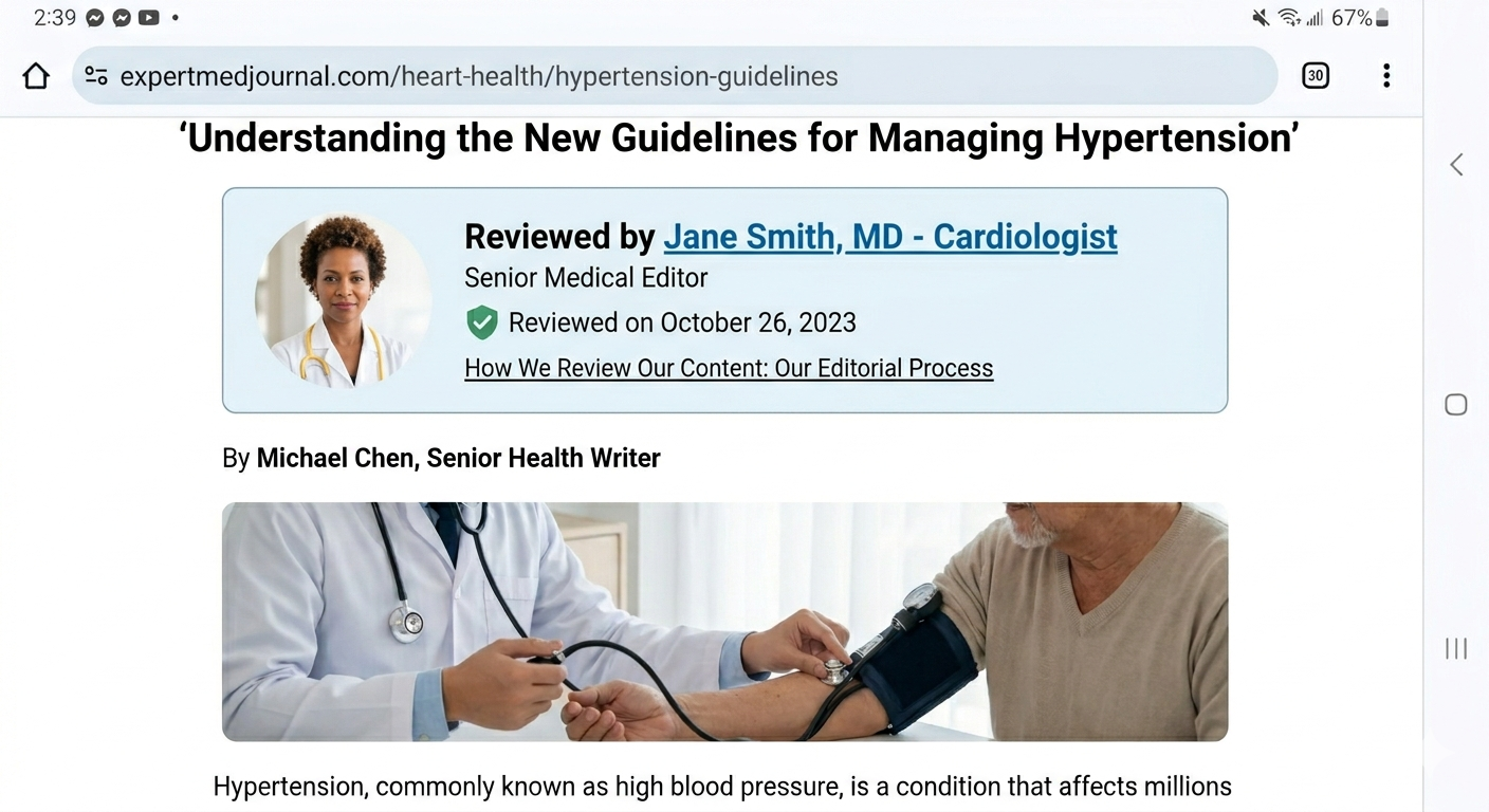 [Screenshot of an article showing a clear &ldquo;Reviewed by Dr. Jane Smith, MD - Cardiologist&rdquo; block with photo and link to bio]
