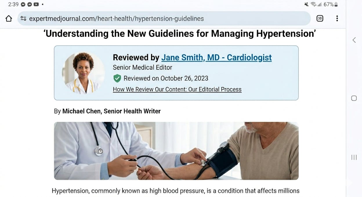[Screenshot of an article showing a clear &ldquo;Reviewed by Dr. Jane Smith, MD - Cardiologist&rdquo; block with photo and link to bio]