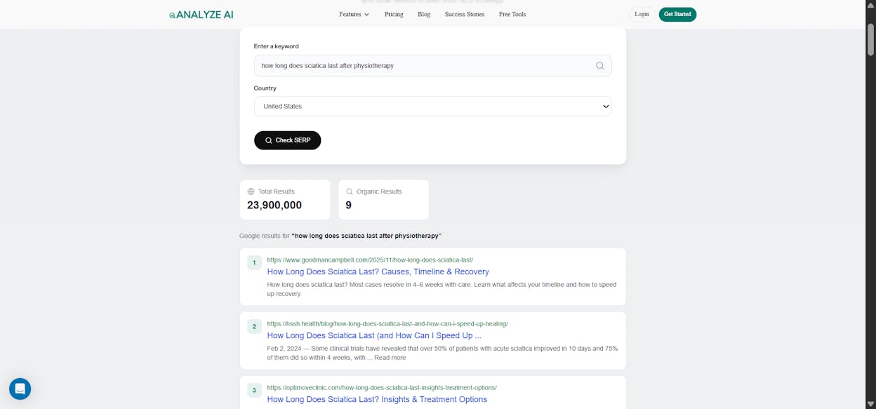 [Screenshot of SERP results for a long-tail term like &ldquo;how long does sciatica last after physiotherapy&rdquo; showing forum and small-site results]