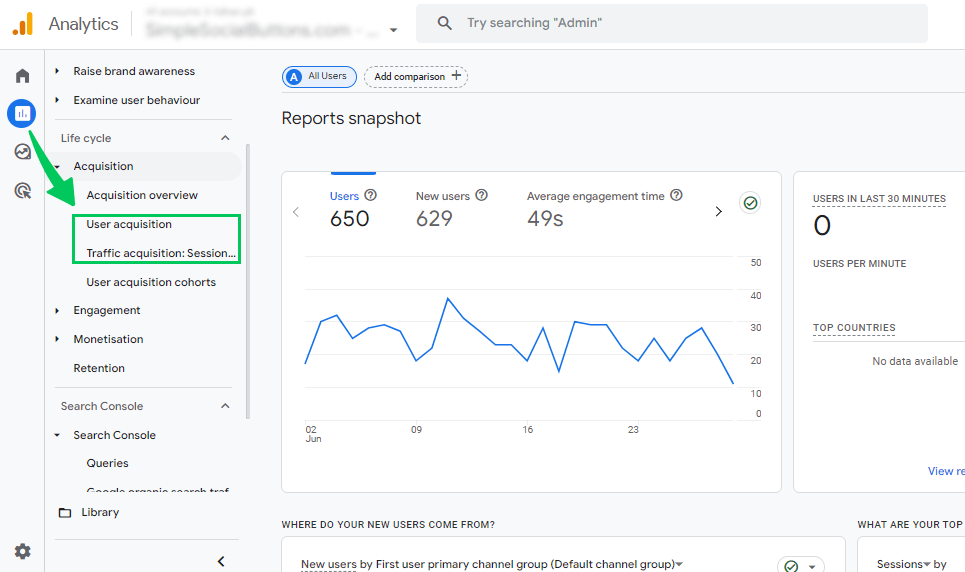 [Screenshot of the GA4 User acquisition report with the channel grouping in the first column]