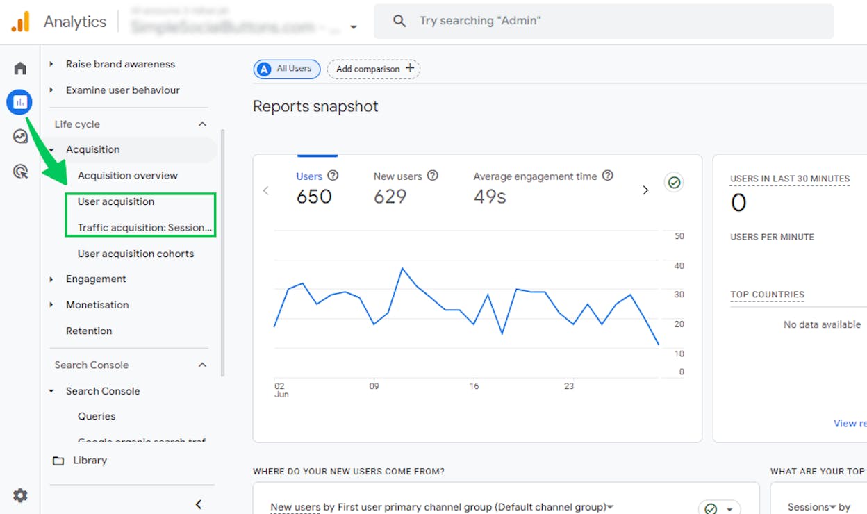 [Screenshot of the GA4 User acquisition report with the channel grouping in the first column]
