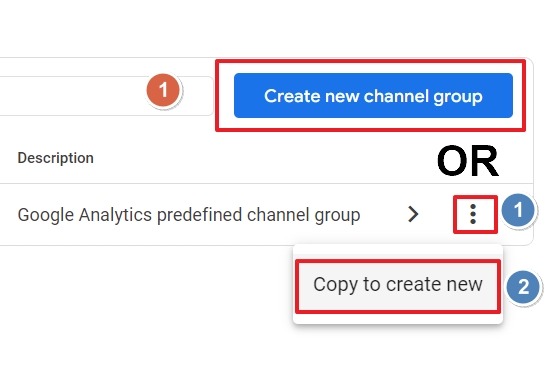 [Screenshot of the GA4 custom channel group setup with the AI search regex]