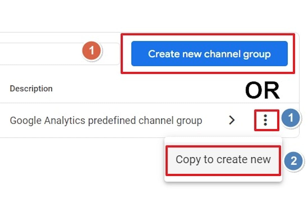 [Screenshot of the GA4 custom channel group setup with the AI search regex]