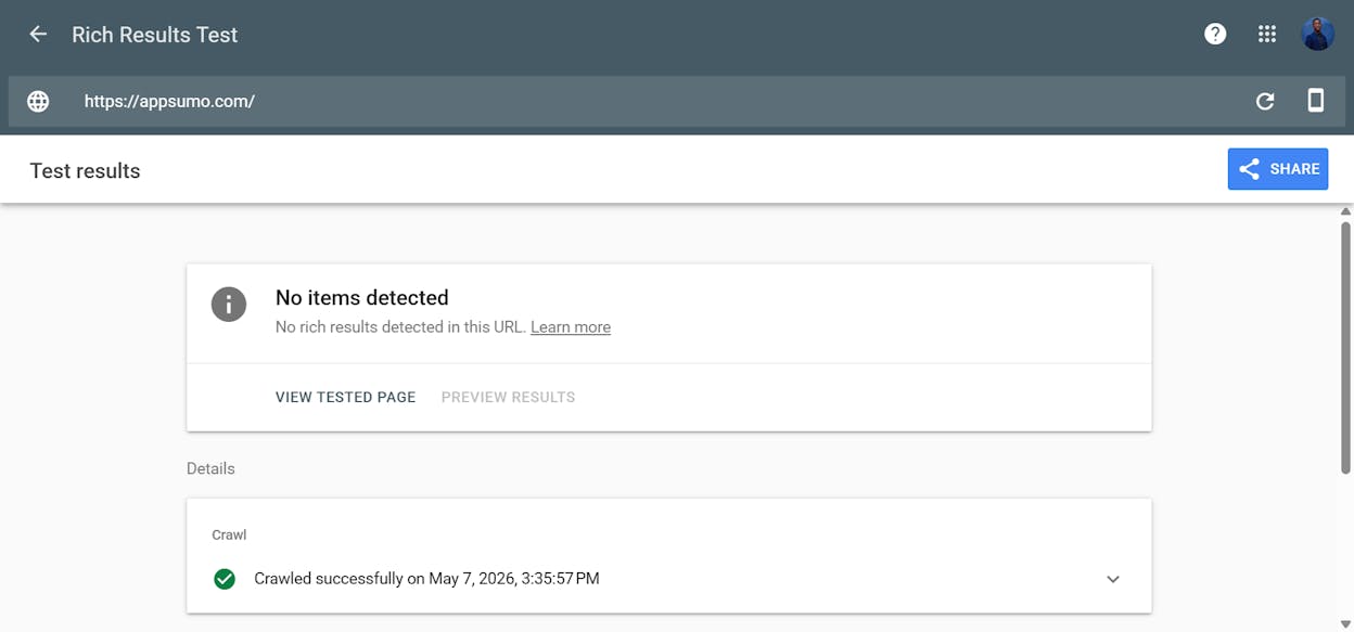 [Screenshot of the Google Rich Results Test showing a passed schema check on the homepage]