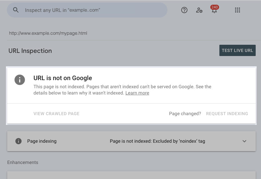 [Screenshot of the URL Inspection tool in Google Search Console showing the &ldquo;URL is on Google&rdquo; state with Coverage and Last crawl information]