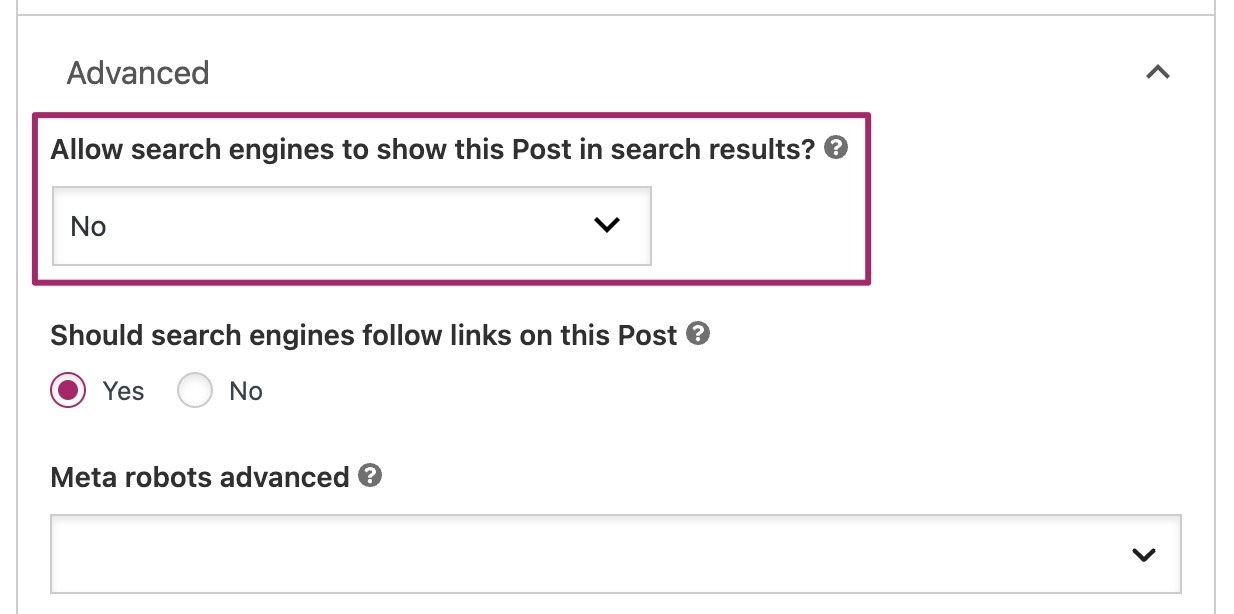 [Screenshot of Yoast SEO Advanced settings showing the &ldquo;Allow search engines to show this page in search results&rdquo; toggle set to No]