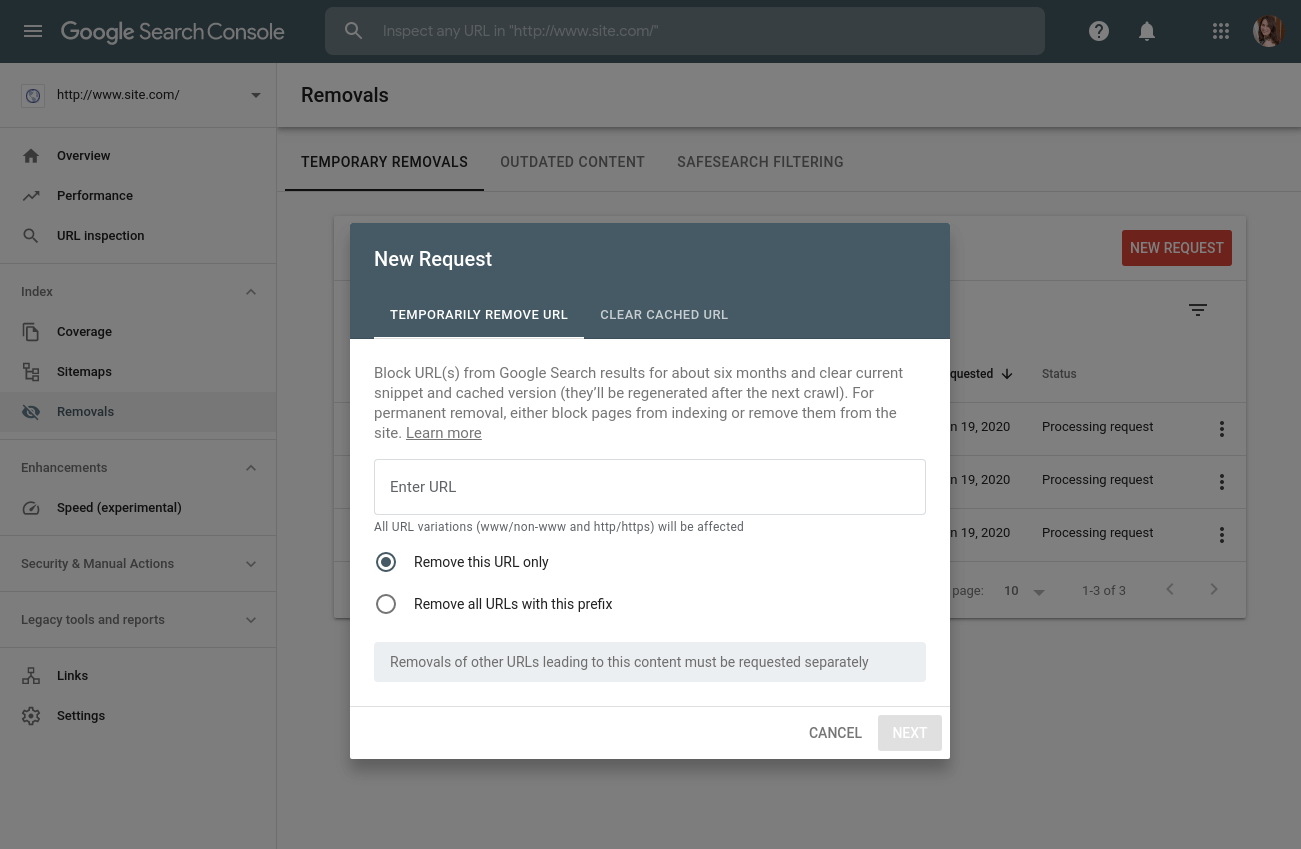 [Screenshot of Google Search Console sidebar with Indexing &rarr; Removals highlighted]