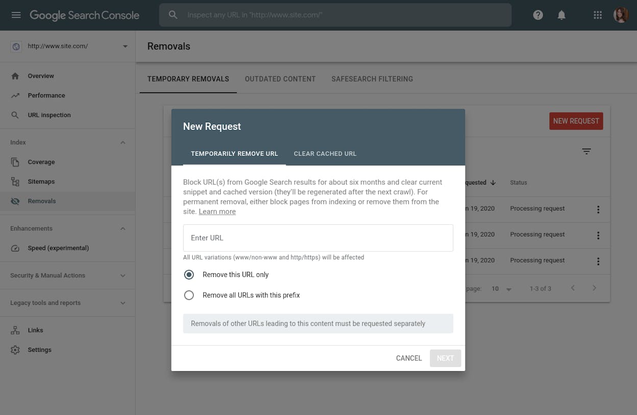 [Screenshot of Google Search Console sidebar with Indexing &rarr; Removals highlighted]