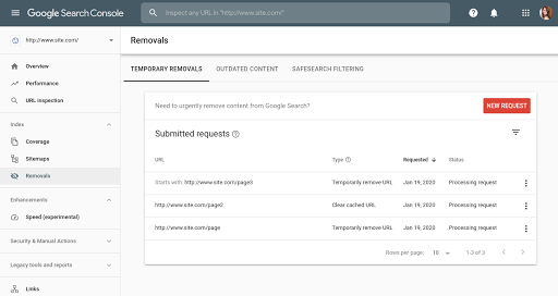 [Screenshot of the Removals dashboard with the New Request button visible]