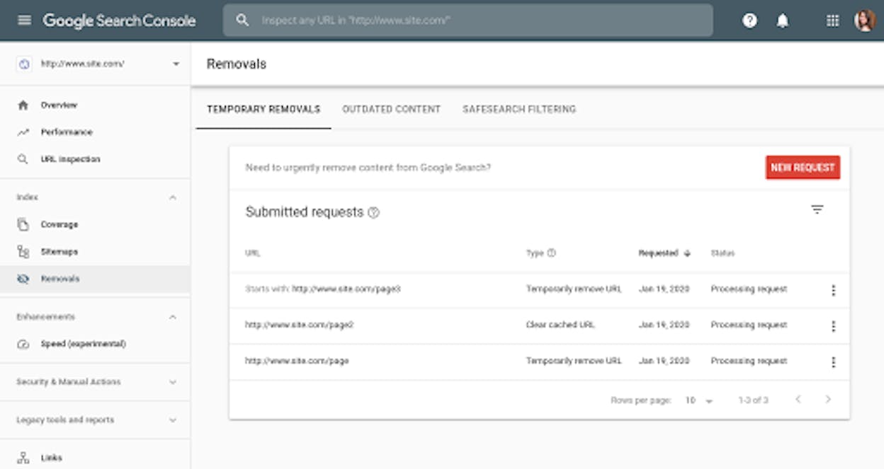 [Screenshot of the Removals dashboard with the New Request button visible]