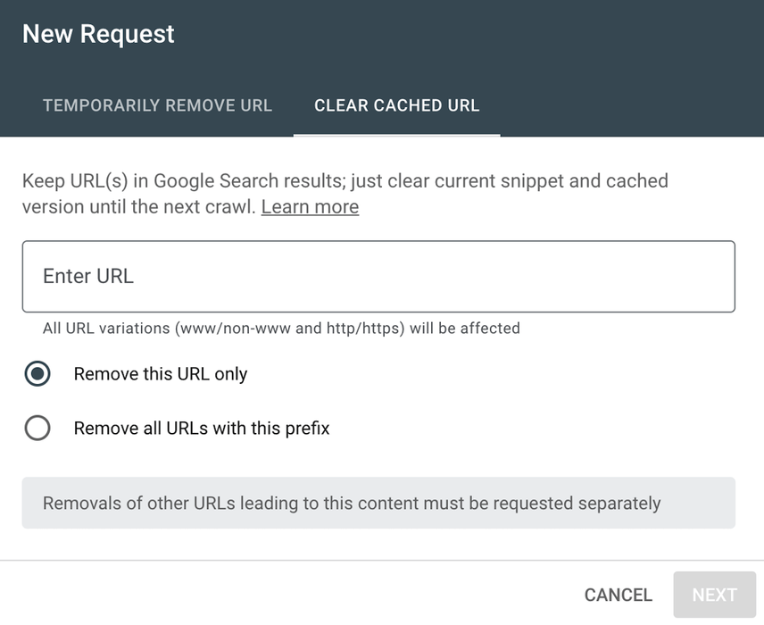 [Screenshot of the New Request dialog showing the Temporarily remove URL and Clear cached URL tabs]