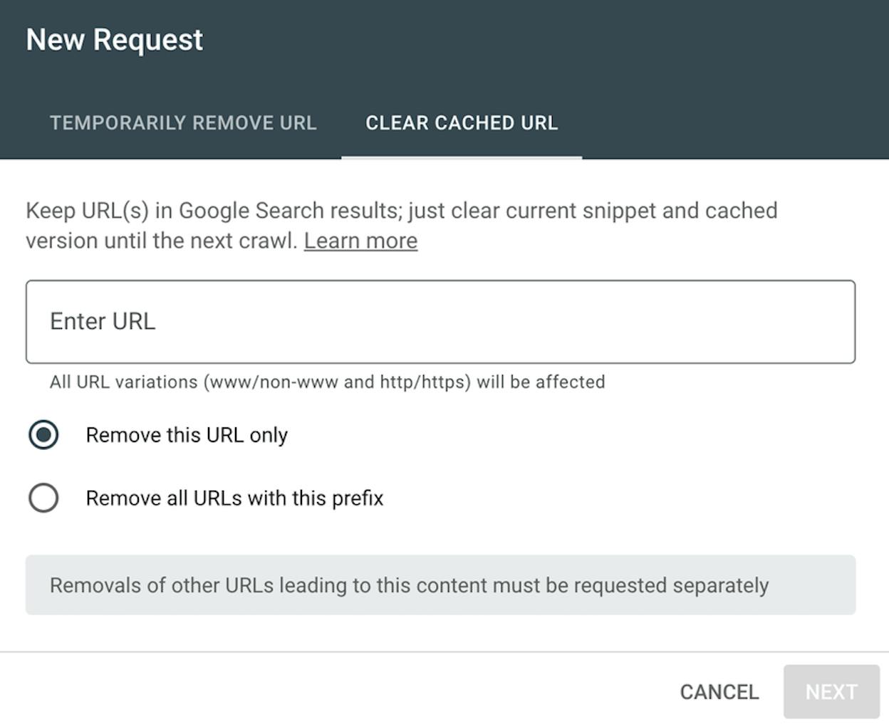 [Screenshot of the New Request dialog showing the Temporarily remove URL and Clear cached URL tabs]