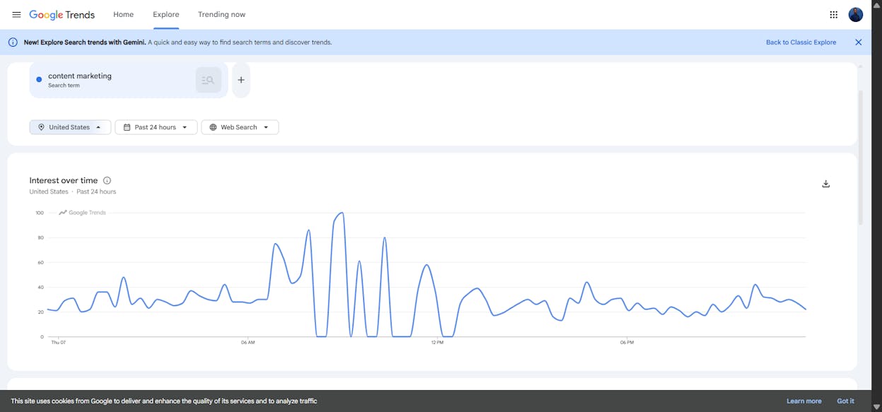 Google Trends search results page showing a rising interest graph for a sample keyword, with the “Related queries” panel visible at the bottom and “Rising” toggle highlighted.