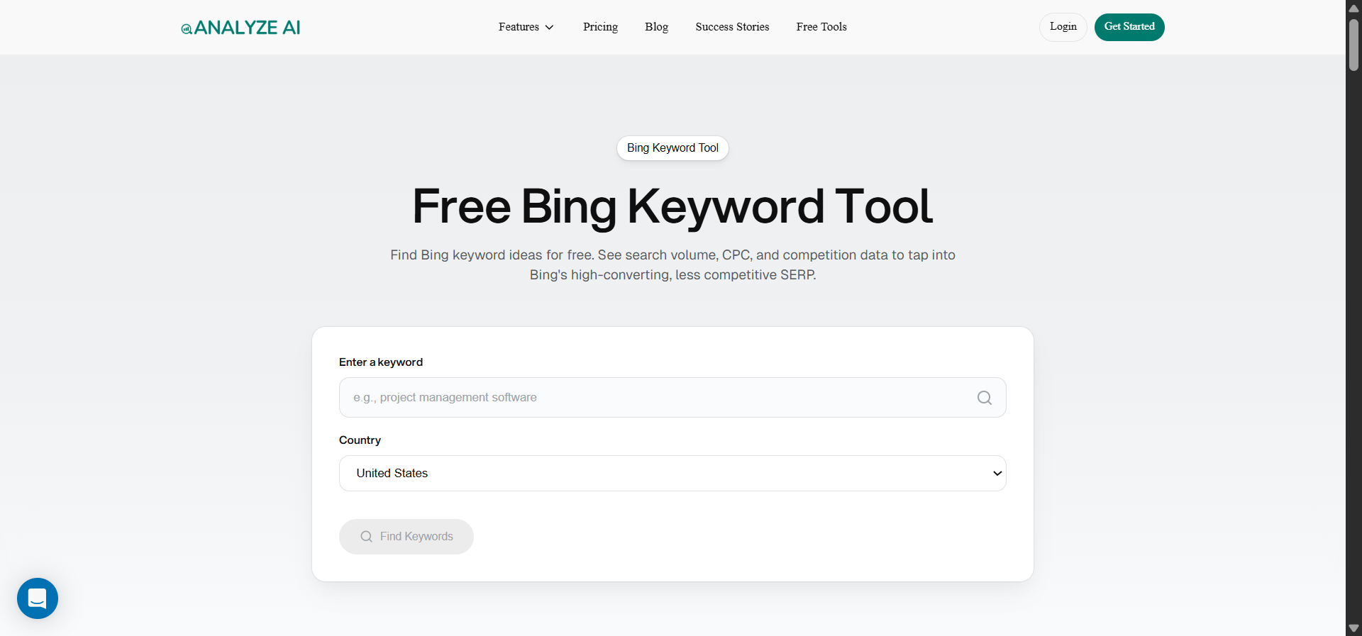 Analyze AI&rsquo;s free Bing Keyword Tool homepage at /free-tools/bing-keyword-tool, showing the search bar and a sample result panel.