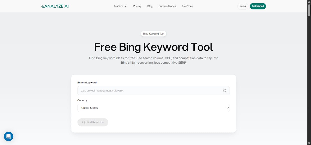 Analyze AI’s free Bing Keyword Tool homepage at /free-tools/bing-keyword-tool, showing the search bar and a sample result panel.