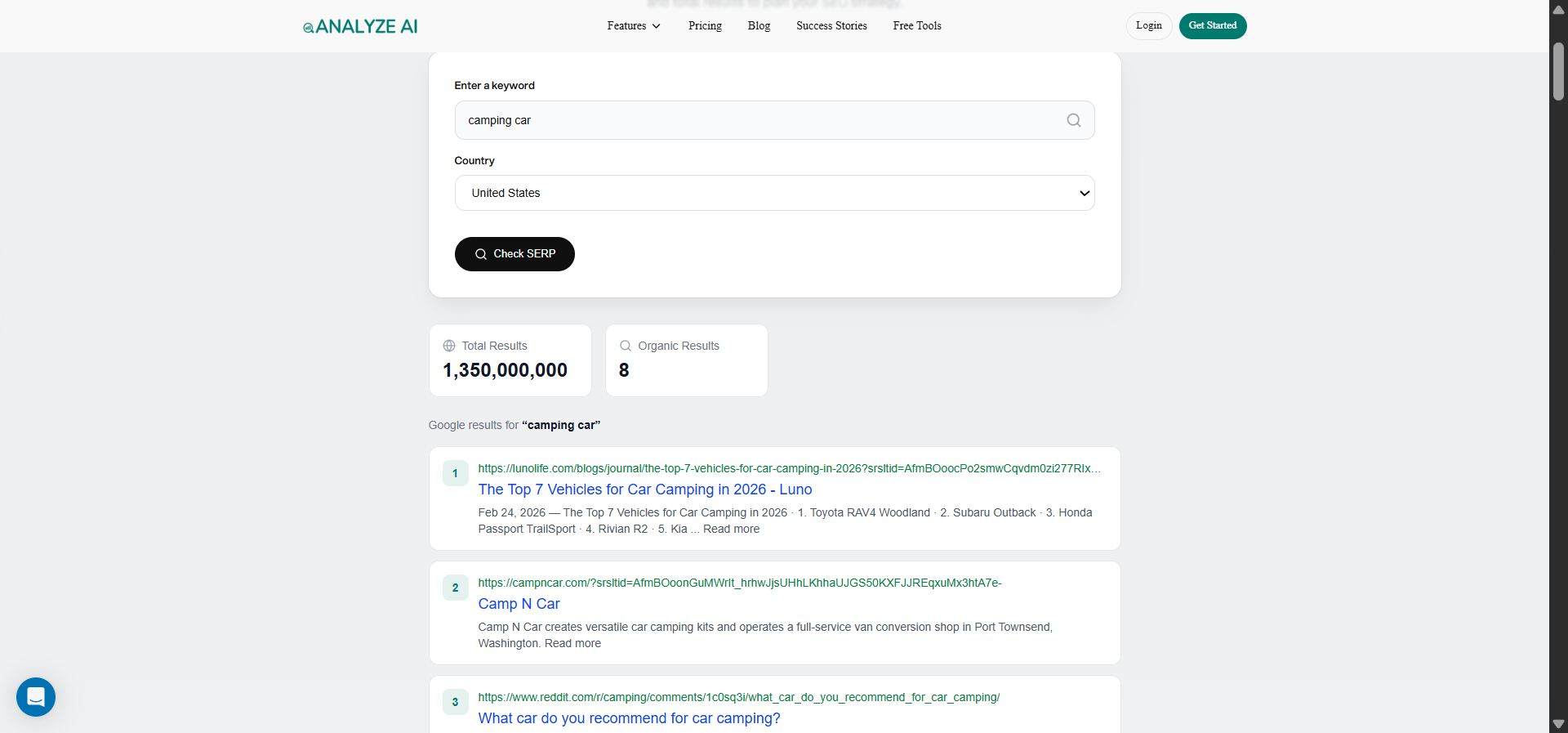 SERP Checker result page showing a side-by-side comparison of top 10 Bing vs Google results for the same query.