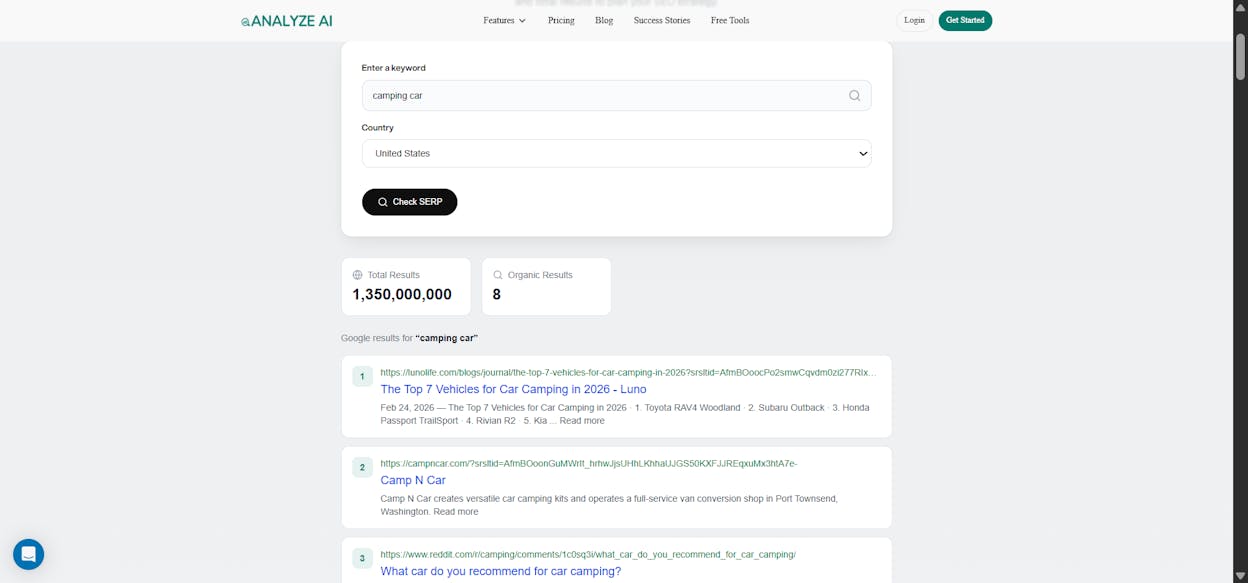 SERP Checker result page showing a side-by-side comparison of top 10 Bing vs Google results for the same query.