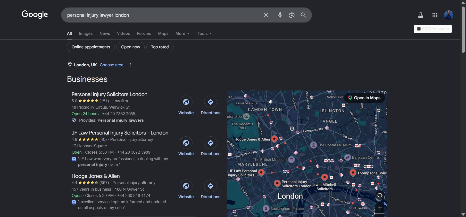[Screenshot of a Google search for &ldquo;personal injury lawyer [city]&rdquo; showing the local map pack with three law firm listings above the organic results]