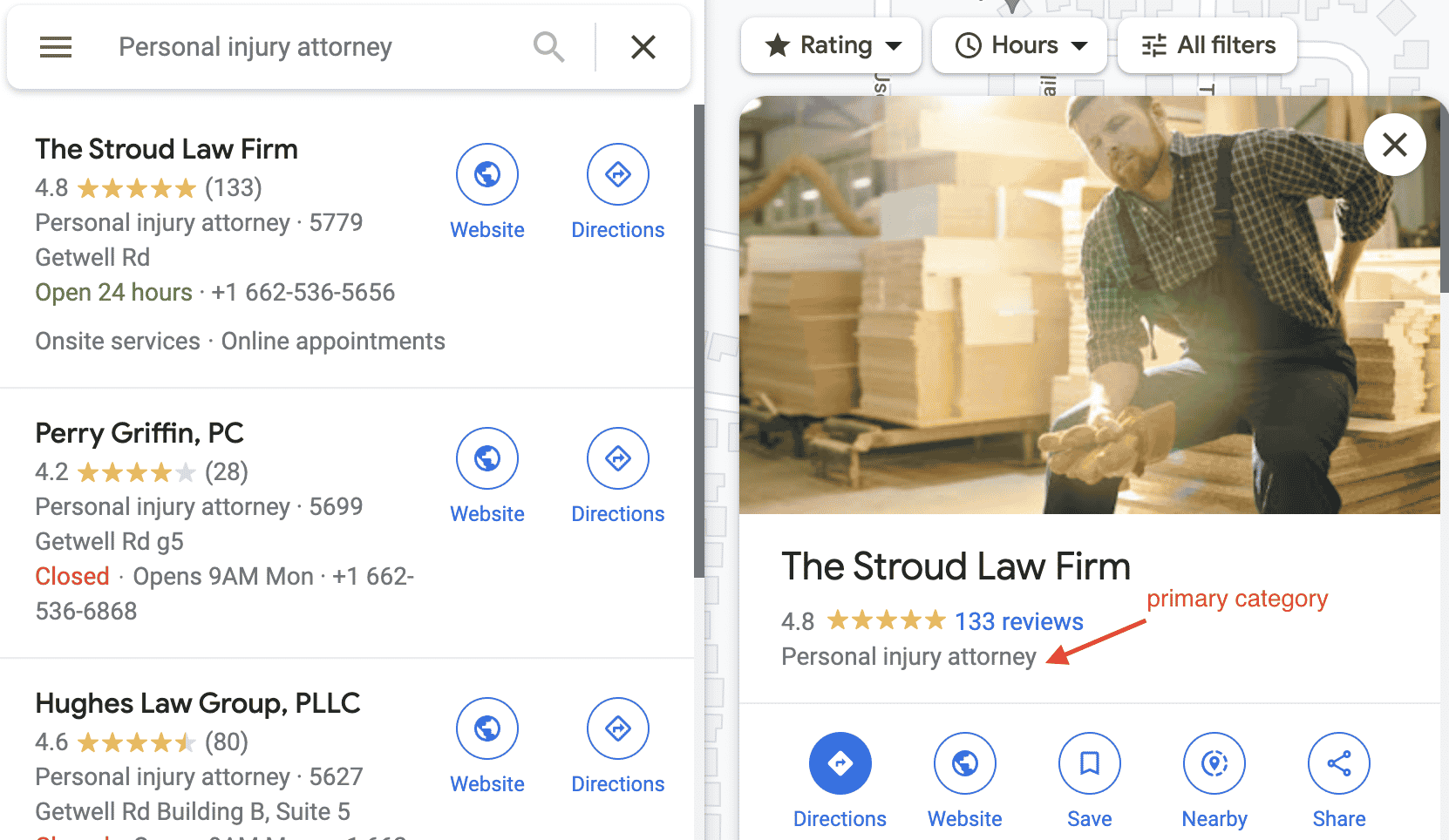[Screenshot of Google Business Profile setup page for a law firm with the Categories field set to &ldquo;Personal injury attorney&rdquo;]