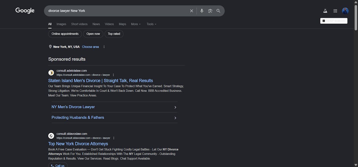 [Screenshot of a Google search for &ldquo;divorce lawyer New York&rdquo; showing top results dominated by directories like Avvo, FindLaw, Justia, and Super Lawyers]