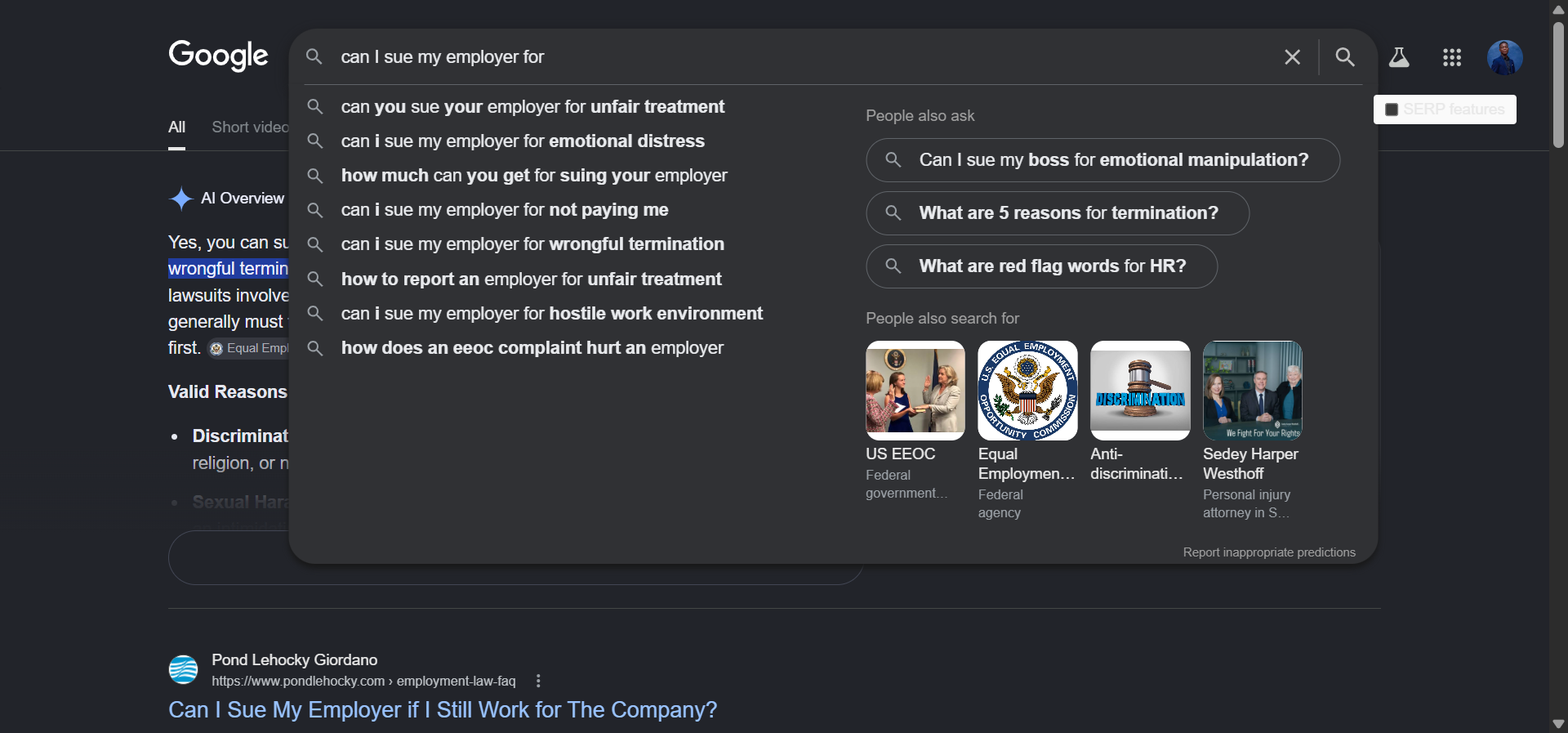 [Screenshot of Google autocomplete showing suggestions for &ldquo;can I sue my employer for&rdquo;]