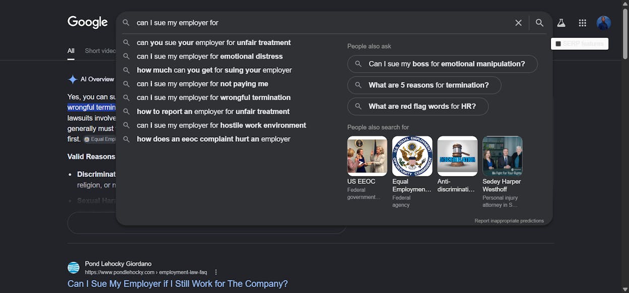 [Screenshot of Google autocomplete showing suggestions for &ldquo;can I sue my employer for&rdquo;]