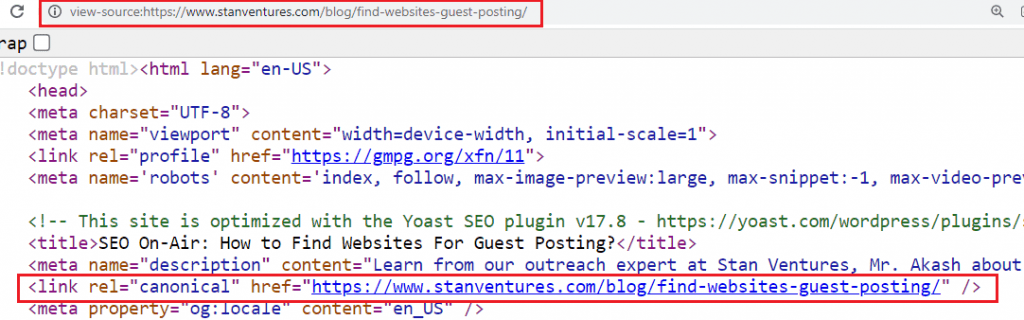 [Screenshot of a browser showing view-source on a product page with <meta name="robots"> and <link rel="canonical"> highlighted]
