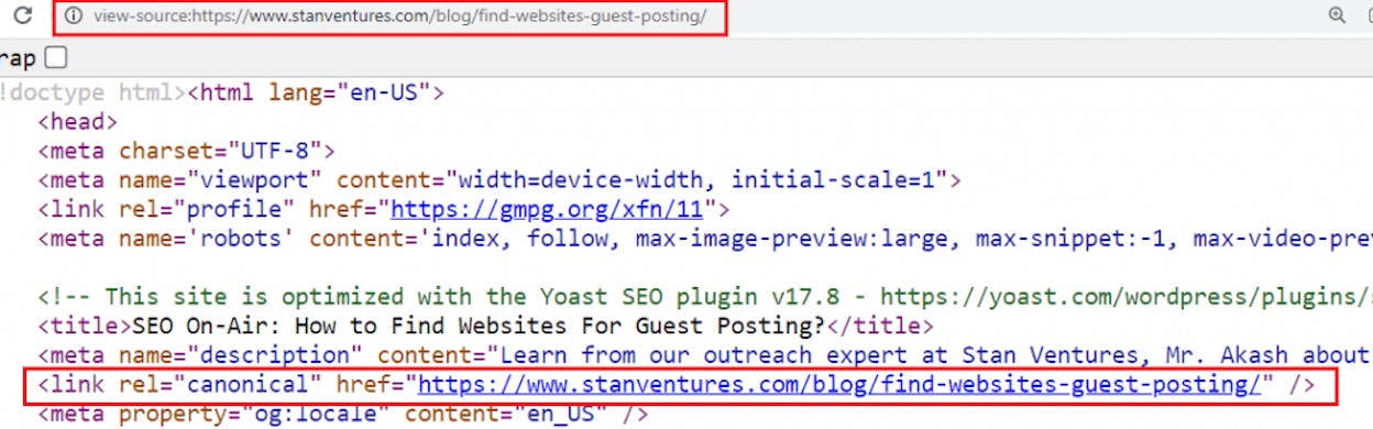 [Screenshot of a browser showing view-source on a product page with <meta name="robots"> and <link rel="canonical"> highlighted]