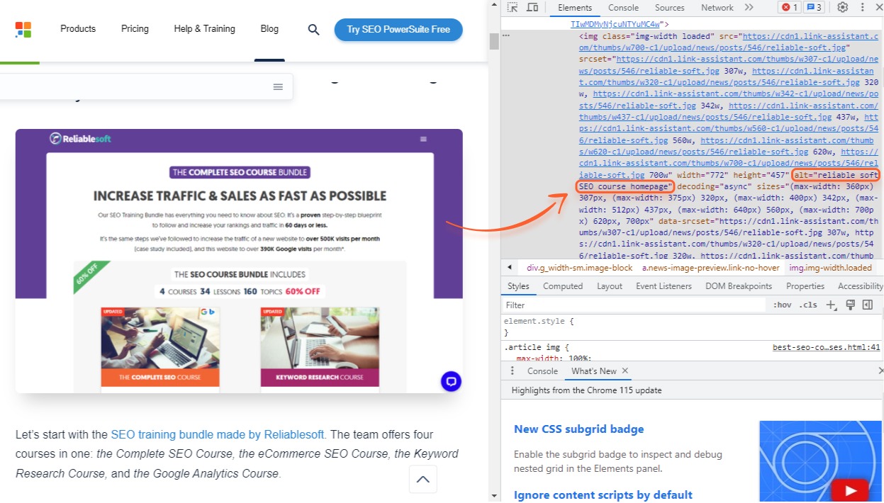 [Screenshot of an image inspector showing a product image with alt text, dimensions, and file size highlighted]