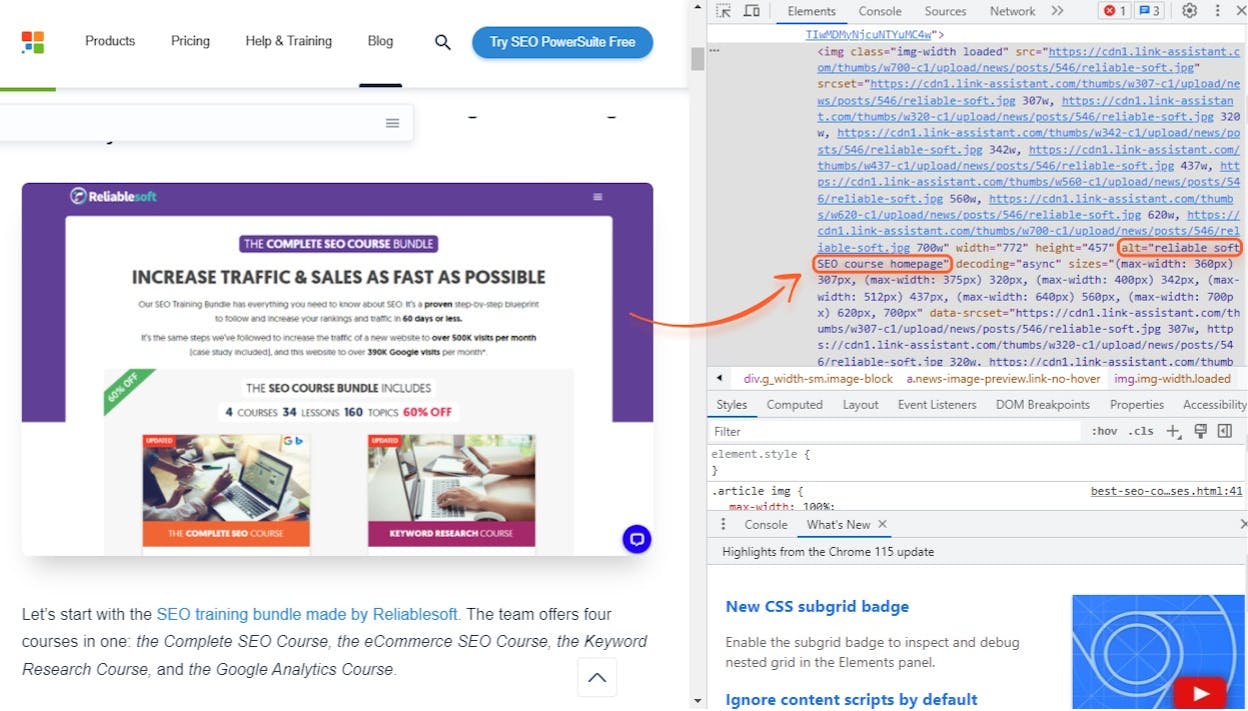 [Screenshot of an image inspector showing a product image with alt text, dimensions, and file size highlighted]