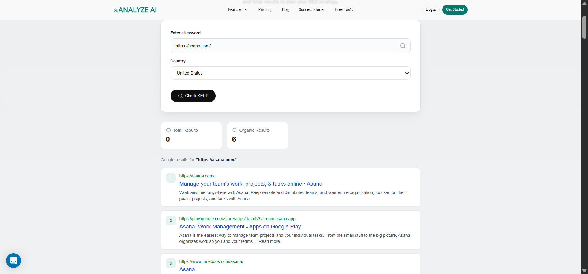 [Screenshot of the Analyze AI free SERP Checker tool showing search volume and top results]