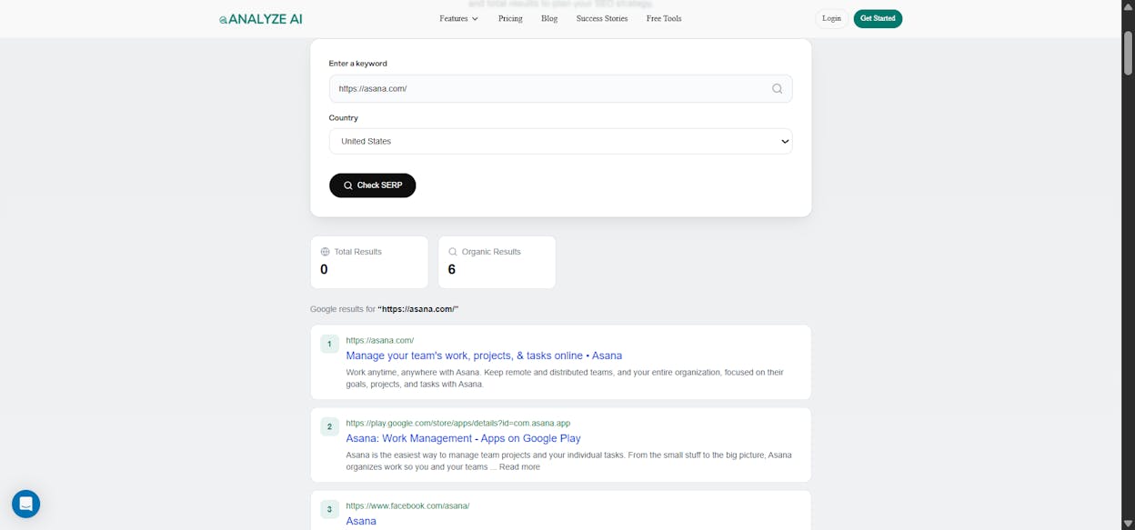 [Screenshot of the Analyze AI free SERP Checker tool showing search volume and top results]