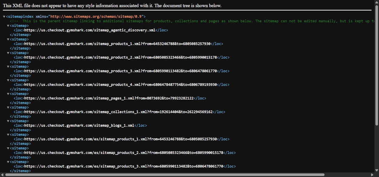 [Screenshot of an example XML sitemap opened in a browser]