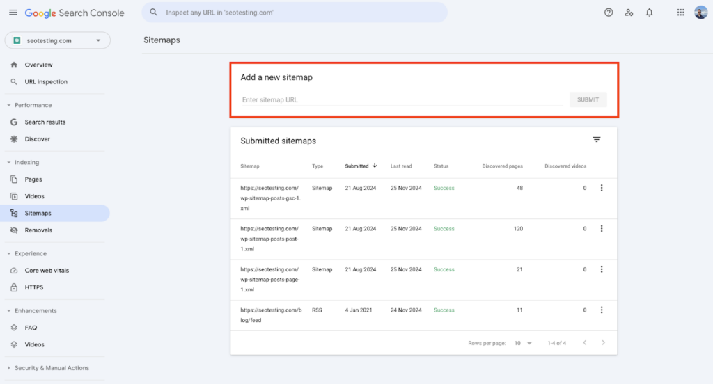 Google Search Console Sitemaps page with a sitemap pasted in the input field