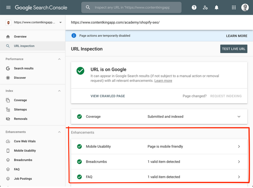 Google Search Console URL Inspection tool showing &ldquo;URL is not on Google&rdquo; status