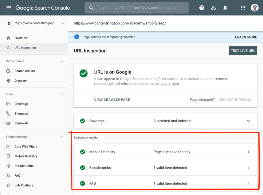 Google Search Console URL Inspection tool showing “URL is not on Google” status