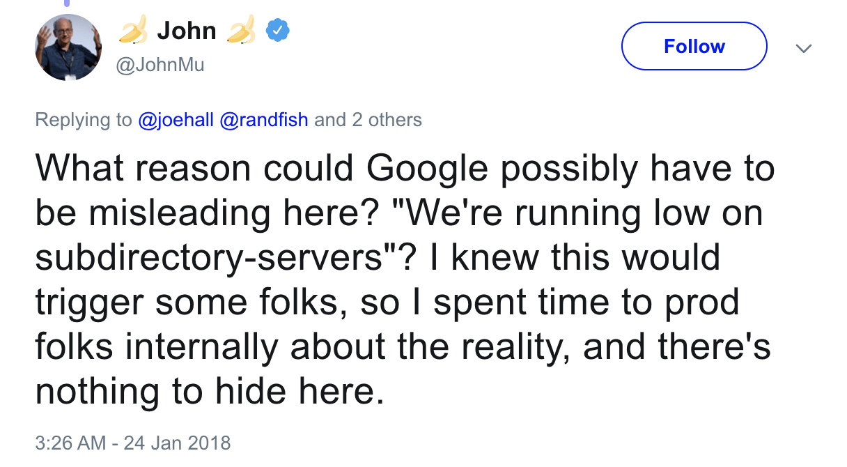 [Screenshot of a tweet from John Mueller responding to the subdomain vs subdirectory debate, with a sarcastic tone]
