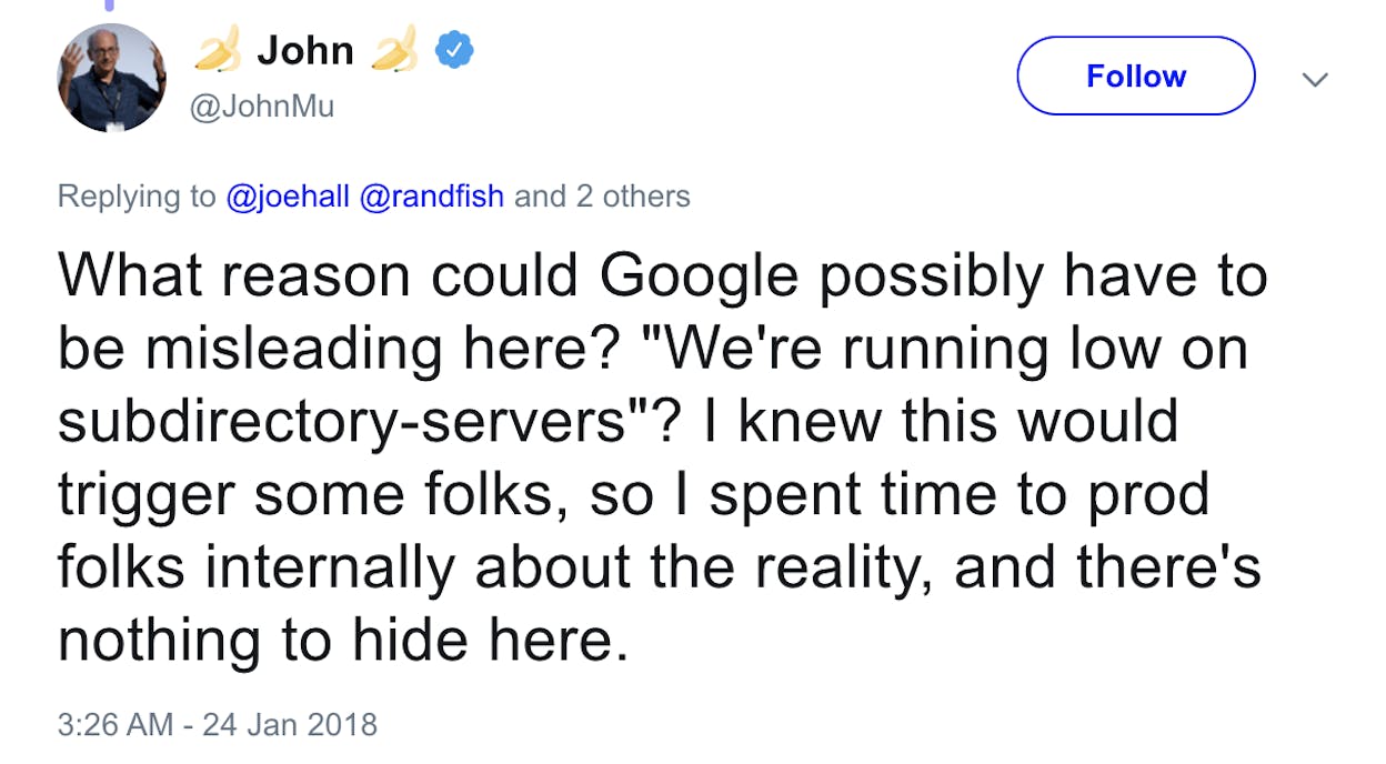 [Screenshot of a tweet from John Mueller responding to the subdomain vs subdirectory debate, with a sarcastic tone]