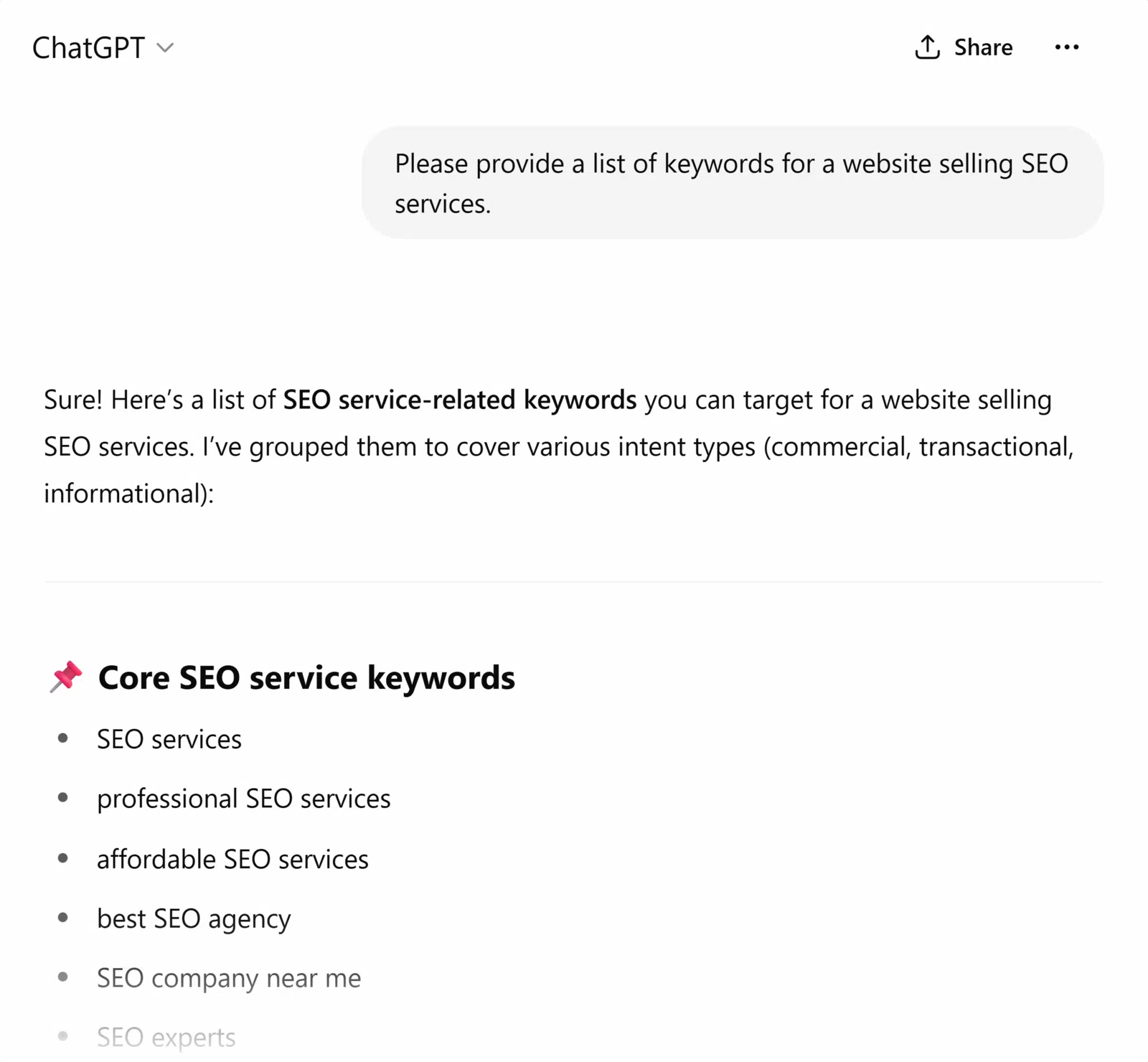 [Description: Screenshot of a one-page ChatGPT executive summary output. Shows headers like &ldquo;Your position vs competitors,&rdquo; &ldquo;Top 3 keyword gaps,&rdquo; &ldquo;Landing page observations,&rdquo; and &ldquo;Recommended actions next 30 days.&rdquo;]