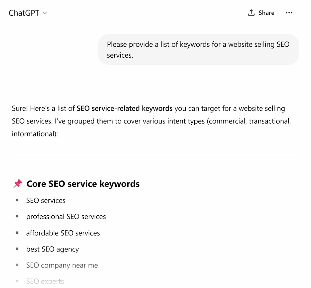 [Description: Screenshot of a one-page ChatGPT executive summary output. Shows headers like &ldquo;Your position vs competitors,&rdquo; &ldquo;Top 3 keyword gaps,&rdquo; &ldquo;Landing page observations,&rdquo; and &ldquo;Recommended actions next 30 days.&rdquo;]