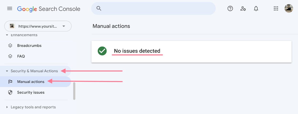 [Description of the screenshot to use: Google Search Console &ldquo;Manual Actions&rdquo; report showing the &ldquo;No issues detected&rdquo; green check, contrasted with a sample live action message]
