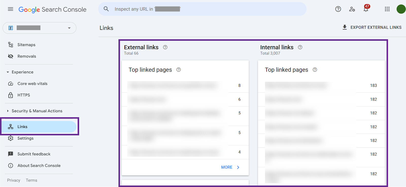 Google Search Console &ldquo;Links&rdquo; report showing the export-to-CSV option for top linking sites