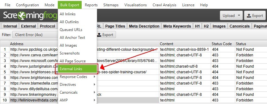 Screaming Frog crawl results filtered by outbound external link with anchor text column visible