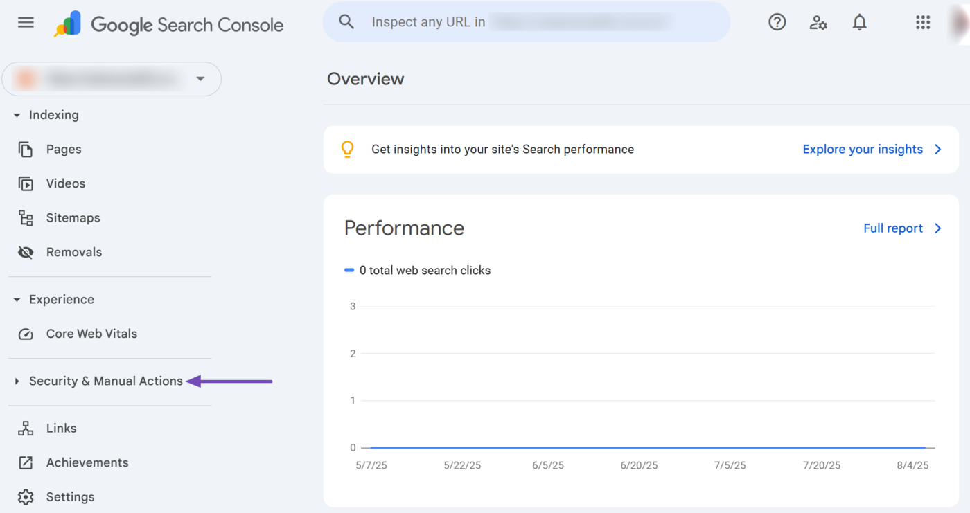 Google Search Console &ldquo;Security & Manual Actions&rdquo; sidebar with &ldquo;Manual Actions&rdquo; highlighted