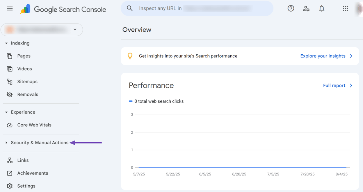 Google Search Console “Security & Manual Actions” sidebar with “Manual Actions” highlighted