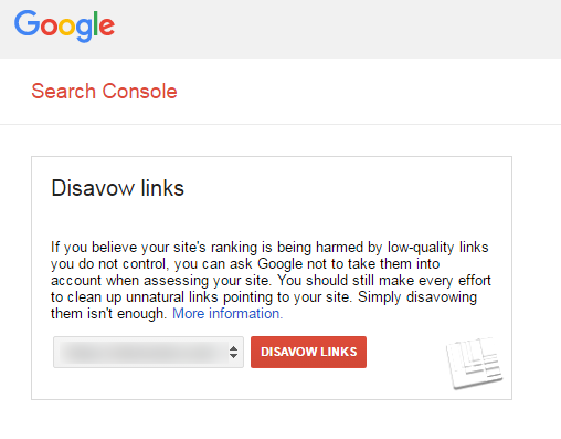 Google Disavow Tool upload interface in Search Console with sample domain entries
