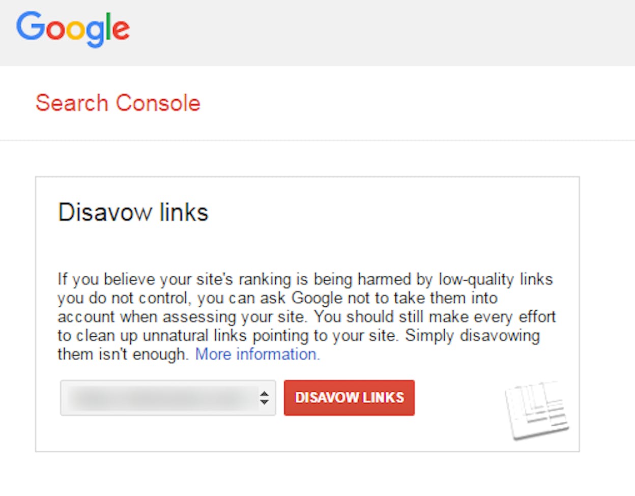 Google Disavow Tool upload interface in Search Console with sample domain entries