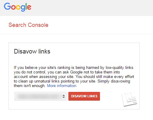 Google Disavow Tool upload interface in Search Console with sample domain entries