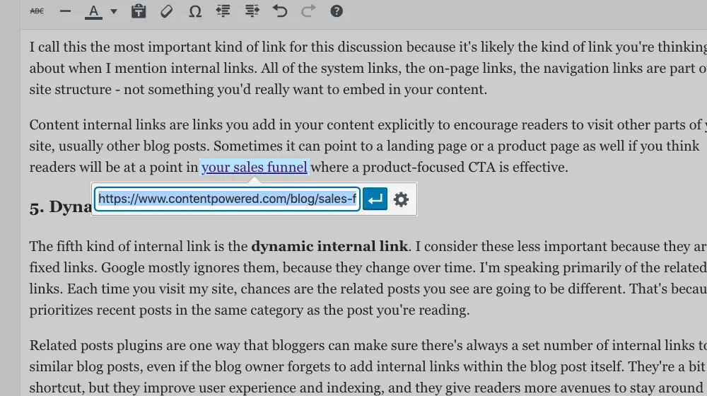 [Screenshot of a content management system showing related internal links being added to a blog post]