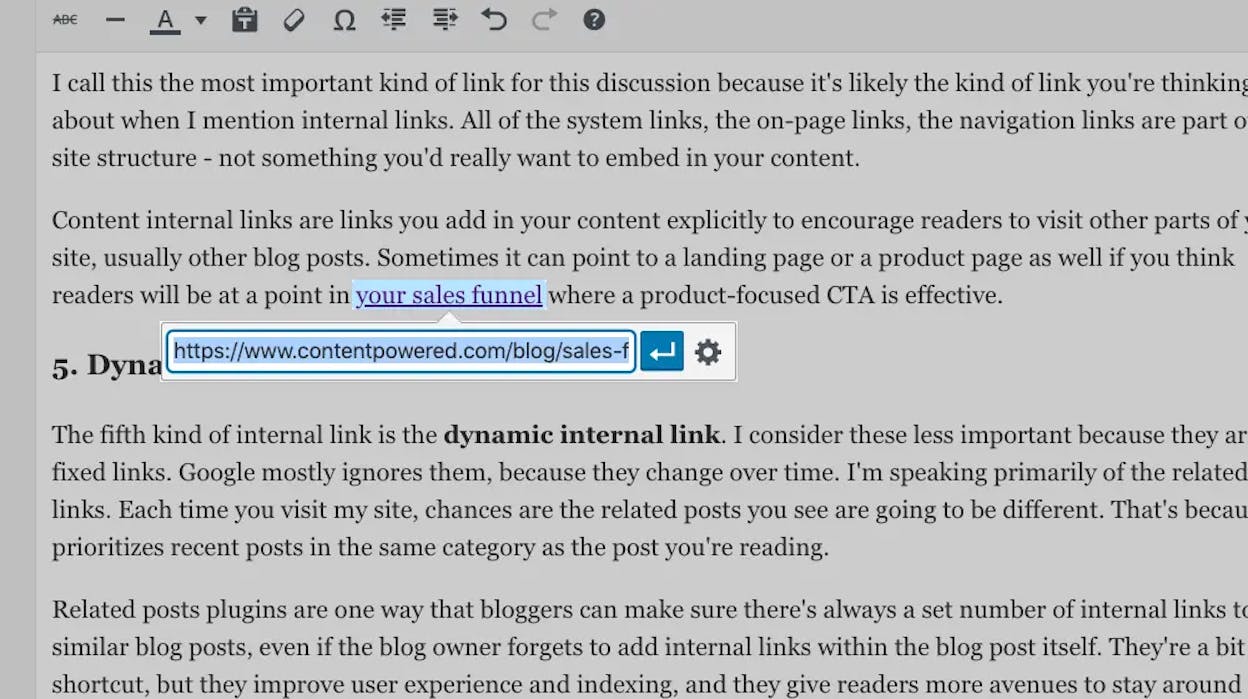[Screenshot of a content management system showing related internal links being added to a blog post]